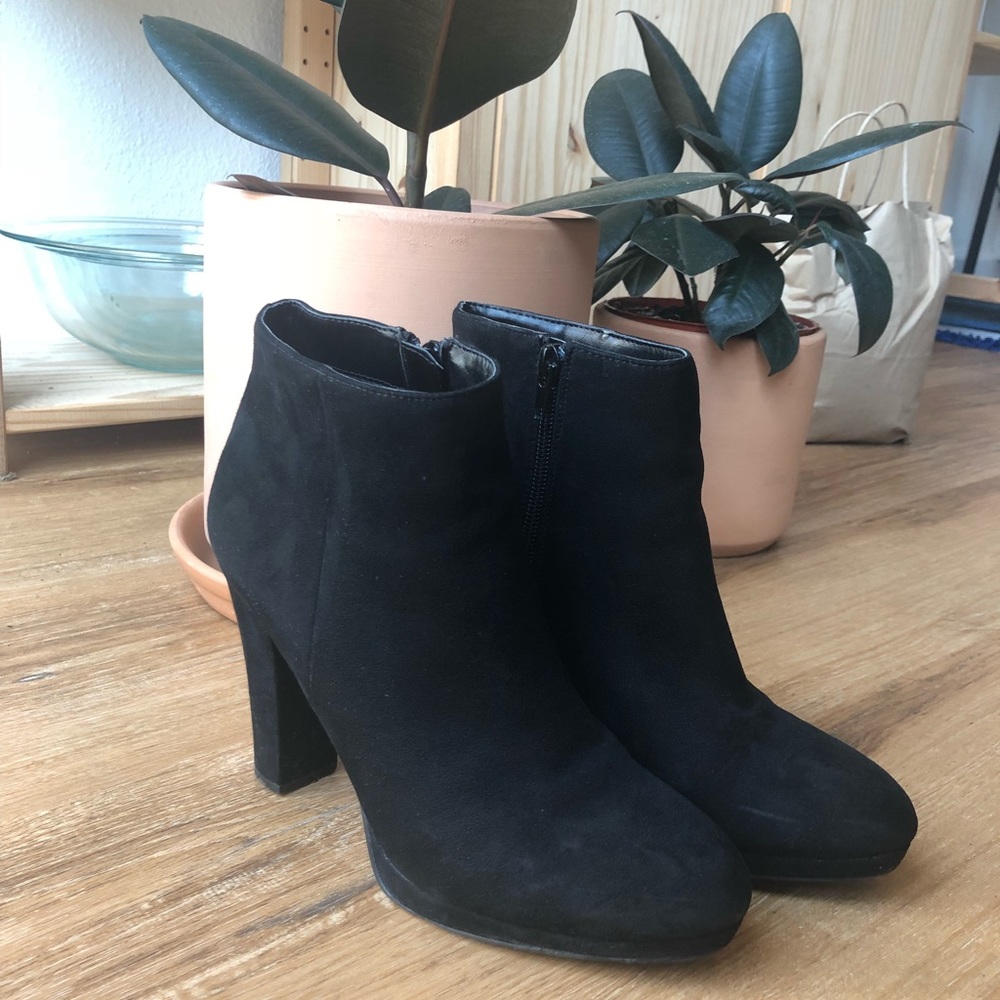 Black suede booties, size 8